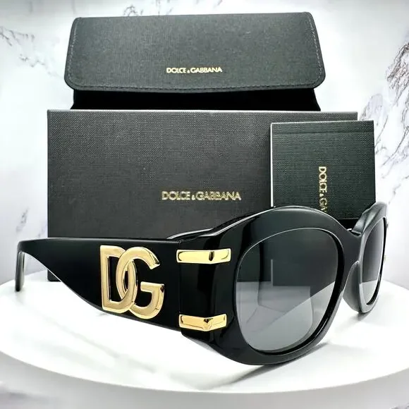 New Dolce & Gabbana Sunglasses Black Oval Acetate Gold Metal DG Gray Lens - Picture 12 of 16